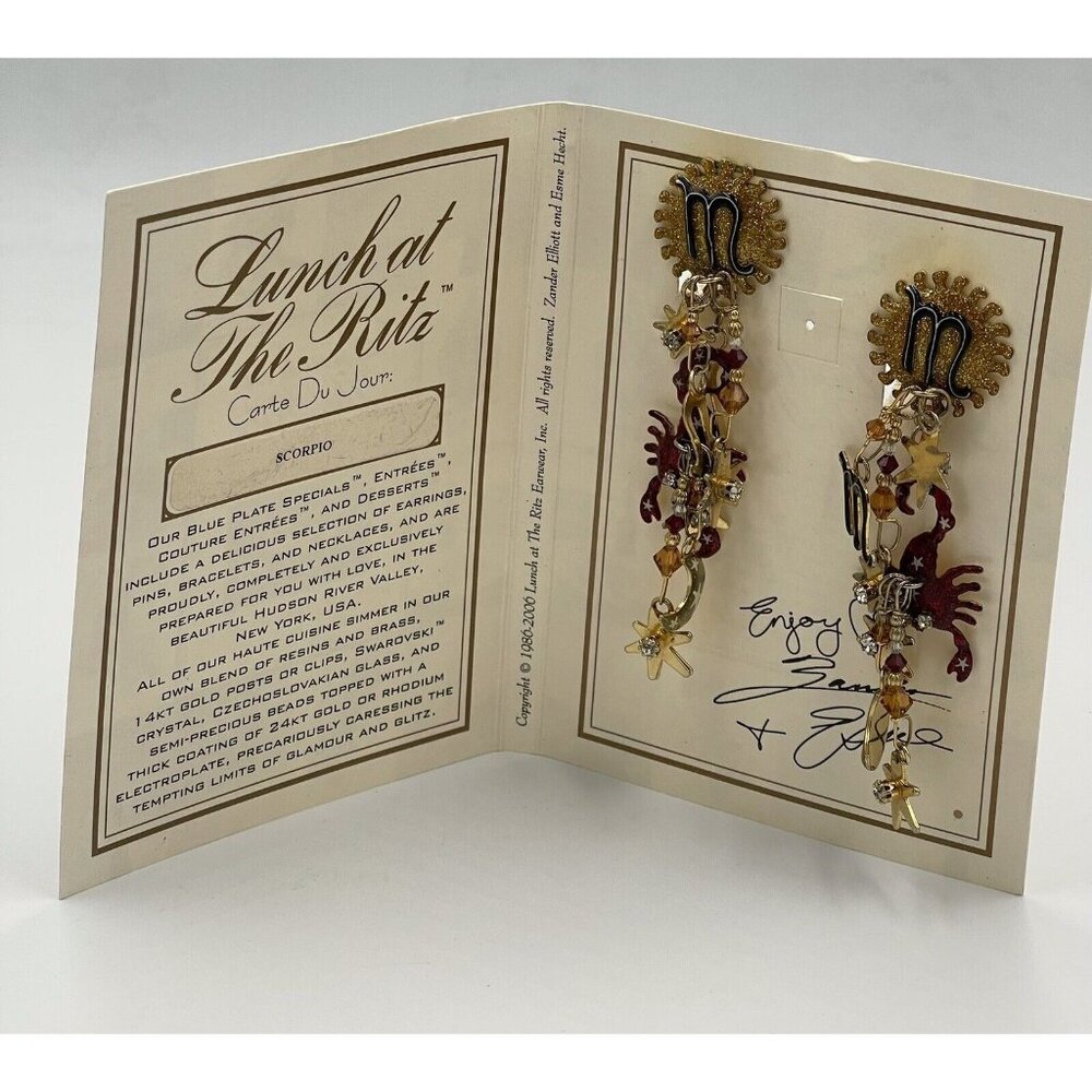 Lunch at The Ritz Scorpio Zodiac Post Dangle Earrings VTG 90s Signed Menu Card